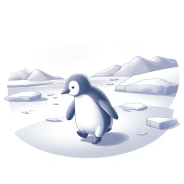 A baby penguin waddling across a snowy, icy landscape. The penguin has soft, fluffy feathers and a round body, moving with a small, unsteady gait. Surrounding it is a vast expanse of glistening ice and patches of snow, with gentle hills in the background. The icy surface reflects light, creating a textured appearance beneath the penguin's feet. Small footprints trail behind the waddling penguin, marking its path through the cold environment.