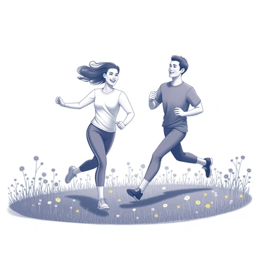 Two people are running through a vast field filled with wildflowers. One person is a woman with flowing hair and a bright smile, while the other is a man with short hair, both dressed in casual athletic clothing. Their arms are outstretched, expressing a sense of joy and freedom as they dash across the landscape. The wildflowers have varying shapes and sizes, scattered throughout the lush green grass, creating a lively scene. The sky above is clear, providing a sense of open space around them.