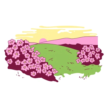 A gentle hill is covered with pink and yellow blossoming primroses. The flowers are densely packed, creating vibrant patches that contrast with the green grass. In the background, there is a warm, setting sun casting a golden light over the scene. The sky is filled with soft hues transitioning from yellow to pink as the day comes to an end. The hill gently slopes upward, leading to a clear horizon where the sun is about to dip below.