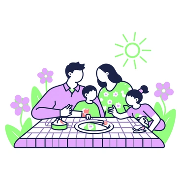 A family is sitting on a checkered picnic blanket in a blooming garden. In the center of the blanket, there are several slices of pie arranged on a white plate. The family consists of four members: a father with short hair, wearing a light shirt, a mother with long hair, in a floral dress, a young boy in a t-shirt, and a girl with pigtails. They are all smiling and reaching for the pie. Surrounding them, colorful flowers bloom in various shapes close to the blanket. Above, a bright sun shines down, casting light on their cheerful gathering.