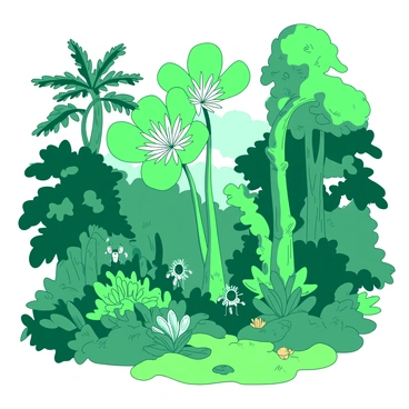 A vibrant green forest is filled with unusually shaped plants and oversized flowers in a variety of colors. The flowers tower above, their petals stretching wide and showcasing intricate patterns. The foliage is dense, with leaves in different shades of green, creating a rich tapestry. Among the plants, there are whimsical trees with twisted trunks and colorful bark. Small creatures peek out from behind the flowers, adding a sense of life to the scene. Rays of sunlight filter through the canopy, illuminating patches of the forest floor covered in soft moss.