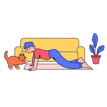 A person performing a knee plank on a soft, light-colored yoga mat. The individual is in a focused position, with their elbows on the mat and knees resting on the ground. Nearby, a fluffy orange cat is stretching, with its front paws extended forward and back arched. The setting is a cozy living room featuring a warm-toned sofa and a few indoor plants in the background.