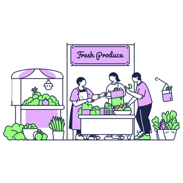 A bustling farmer's market transformed into a lively line illustration with stalls and shoppers.