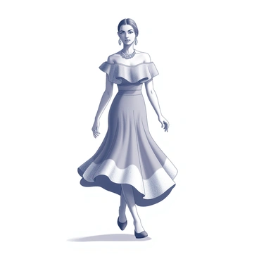 A model walks confidently down a runway, showcasing an outfit inspired by the colors and shapes of scallop shells. The ensemble features a structured top with flowing, wavy lines mimicking the curves of the shells. The fabric has a textured appearance, resembling the surface pattern of scallops. The model's skirt flares outward, creating a dramatic silhouette, with layers that resemble overlapping shell edges. Accessories include a statement necklace and earrings that echo the shell theme. The runway setting is minimalistic, drawing attention to the outfit as it captures the eyes of the audience.