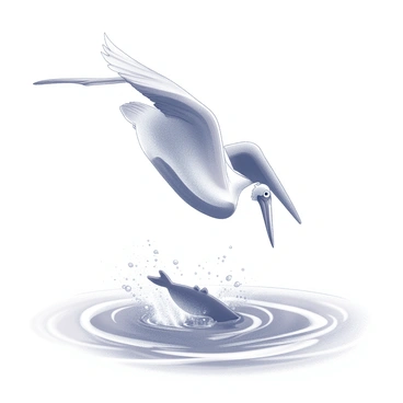 A brown pelican is captured in mid-dive, its body angled downward as it descends towards the ocean surface. The bird's wings are extended outward, emphasizing its aerodynamic form. Below, the ocean is a dynamic expanse with waves and ripples created by the pelican's entry. Water splashes are sent up in various directions, highlighting the impact of the dive. The fish, partially visible beneath the surface, is caught in the moment just before being captured.