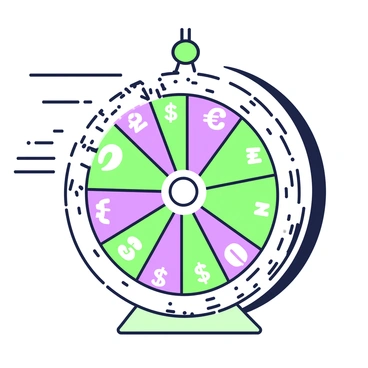 A wheel composed of various international currencies is spinning rapidly. The currencies are arranged in a circular pattern, each clearly visible and distinct. The wheel has sections highlighted with different currency symbols, such as the dollar sign, euro symbol, yen character, and more. The background features a blurred effect to emphasize the fast motion of the spinning wheel. The wheel's edge is adorned with fine detailing that enhances its round shape, creating a sense of dynamic energy as it rotates.