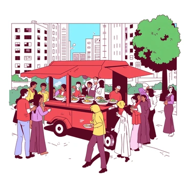 A red street food cart with a colorful awning is set up on a bustling sidewalk. The vendor, wearing a white apron, is serving steaming bowls of couscous to a diverse group of customers in front of the cart. Each bowl is filled with fluffy couscous topped with vibrant vegetables and a sprinkle of fresh herbs. People are gathered around, some enjoying their meals, while others are in line, eagerly watching the food being prepared. Skyscrapers and nearby trees frame the scene, adding to the lively atmosphere of the urban environment.