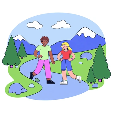 Two friends are hiking along a winding mountain trail surrounded by lush greenery and rocky terrain. One friend has short brown hair and is wearing a light green t-shirt, while the other has long blonde hair and is dressed in a red tank top. Both friends are wearing colorful friendship bracelets on their wrists, which stand out against their skin. In the background, tall mountains rise majestically under a clear blue sky, and a few fluffy white clouds drift lazily above.