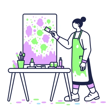 An artist is standing in front of a large canvas, actively painting with a brush in their right hand. The artist has medium-length hair tied back and is wearing a white smock covered in paint splatters. Surrounding the artist, several sketches are scattered across a wooden table. There are tubes of paint, brushes of various sizes, and a palette filled with colors nearby. The floor is dotted with colorful paint splatters, adding to the creative chaos of the workspace.