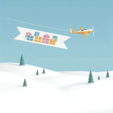 An airplane flying in the clear blue sky above a vast snowy landscape. The ground is covered in a thick blanket of white snow, with patches of evergreen trees dotting the scenery. The airplane is small, painted in bright colors, and is trailing a large banner that showcases several colorful gift boxes stacked together. The gift boxes are wrapped in shiny paper with ribbons, creating a festive contrast against the white snow below. The airplane's wings are extended, and the propellers are in motion, emphasizing its flight through the crisp winter air.