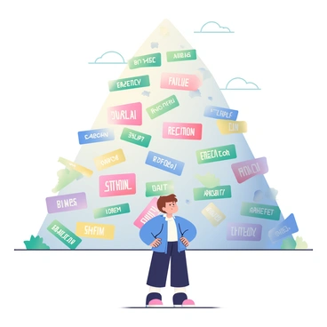 A character with short brown hair and a blue jacket is standing at the foot of a giant mountain made entirely of crumpled papers. Each paper is labeled with various worries and fears, such as "failure," "rejection," and "anxiety." The mountain towers over the character, casting a shadow on the ground. The character is looking up at the mountain with a thoughtful expression, and their hands are placed on their hips. The background features a clear sky, adding contrast to the chaotic nature of the paper mountain.
