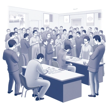 A crowded room filled with spectators watching intently. There are several tables, each occupied by players engaged in a game of mahjong. The players are leaning forward, focused on their tiles, displaying expressions of concentration. Spectators are standing in groups, some clapping and cheering, while others are leaning over the tables to get a better view of the action. There are banners and decorations on the walls indicating the tournament, and the atmosphere is charged with excitement and anticipation.