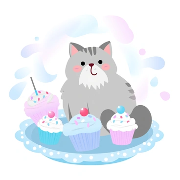 A small cat with a fluffy coat sits on a dessert table. The cat is surrounded by an array of colorful cupcakes, each topped with vibrant frosting and decorative sprinkles. The table features a variety of cupcakes in pastel colors, arranged neatly on a decorative plate. A whimsical backdrop with playful patterns enhances the joyful atmosphere. The overall scene is bright and inviting, showcasing the delightful combination of the cat and the colorful desserts.