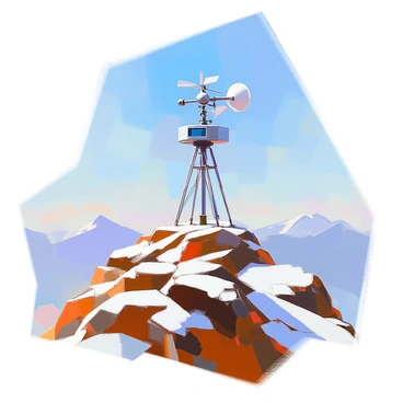 A weather station perched atop a rugged mountain peak, surrounded by rocky outcrops and patches of snow. The station features various instruments such as an anemometer, wind vanes, and thermometers, all meticulously arranged on sturdy poles. The anemometer is spinning, indicating the strong winds at this elevation, while a digital display shows the temperature. In the background, a clear blue sky enhances the dramatic landscape, with distant mountain ranges visible on the horizon. The scene captures the essence of high-altitude meteorological monitoring.