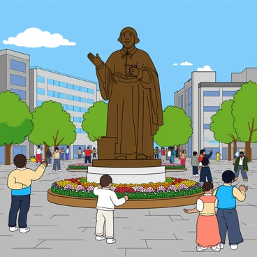 A large bronze statue of a historical figure, depicted with a detailed expression and intricate clothing, stands prominently in the center of a bustling city square. The figure is positioned with one hand raised, as if addressing the crowd. Surrounding the statue are cobblestone paths and a variety of colorful flowers planted in decorative beds. In the background, modern buildings and trees create a lively urban atmosphere. People of diverse backgrounds, including a child pointing at the statue and a couple taking pictures, are scattered around the square, engaging with the scene. The sky is bright blue with a few fluffy white clouds.
