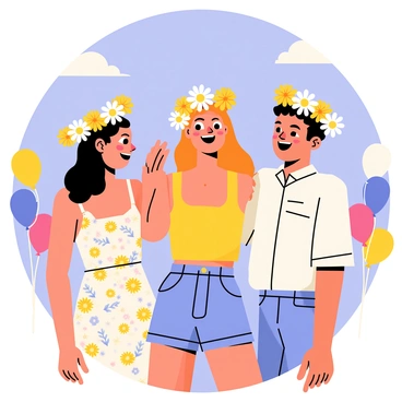 Three friends are laughing together at a summer festival. Each friend is wearing a colorful daisy crown made from vibrant yellow and white flowers. The background features a bright blue sky with a few fluffy white clouds. The friends are dressed in light, summery clothing, with one wearing a floral sundress, another in a bright tank top and shorts, and the third in a light shirt with rolled-up sleeves. Balloons and banners can be seen around them, contributing to the festive atmosphere. Their expressions radiate joy as they share a light-hearted moment.