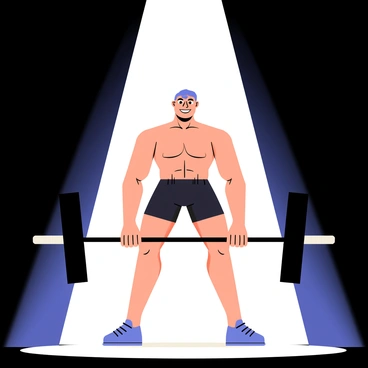 A powerful lifter performing a squat is positioned under a bright spotlight. The spotlight illuminates the lifter's focused expression and muscular build, while the surrounding area remains dimly lit. The lifter casts a strong shadow on the ground, accentuating the form and intensity of the squat. The lifter's feet are firmly planted on the ground, and weights are visibly loaded on a barbell resting on their shoulders.