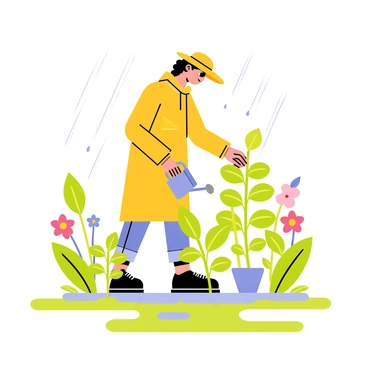 A gardener wearing a bright yellow raincoat is bending down to tend to vibrant green plants in a garden. The gardener has a wide-brimmed hat to shield against the rain, and there are droplets falling around them. A small watering can is in their right hand, and the left hand is gently touching the leaves of a flowering plant. Puddles are forming on the ground, reflecting the cloudy sky, while various colorful flowers bloom around the gardener.