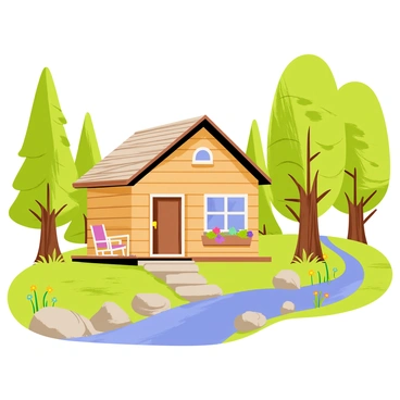 A quaint cabin with wooden walls and a sloping roof sits in a serene forest. The cabin has a small porch with a rocking chair and flower boxes under the windows. Tall, green trees surround the cabin, their leaves creating a vibrant canopy. A gentle stream flows nearby, with smooth stones lining its banks, and a few colorful wildflowers dot the landscape around the water. Sunlight filters through the trees, casting dappled shadows on the ground.