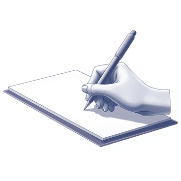 A close-up of a hand gripping a pen, with fingers delicately wrapped around the barrel. The pen is in a downward position, making contact with the surface of a notepad. The notepad features blank pages and is positioned on a flat surface. The hand shows intricate details such as knuckles and fingernails. The background is softly blurred, drawing attention to the hand and pen as they prepare to write.