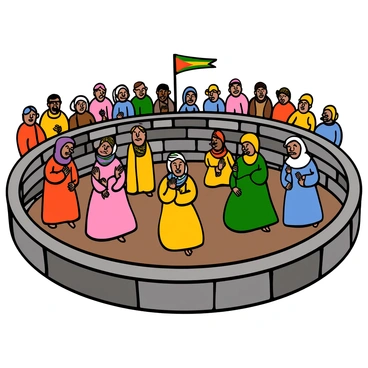 A group of actors wearing traditional Jordanian attire is gathered in a stone amphitheater. The actors have a range of skin tones, with some wearing vibrant robes adorned with intricate embroidery, and others in flowing dresses and headscarves. They are engaged in a reenactment of a historical event, portraying various expressions of determination and passion. The amphitheater is made of weathered stone, showcasing its ancient architecture, with audience members in the background watching intently. The scene captures the vivid colors of the attire against the earthy tones of the stone surroundings.