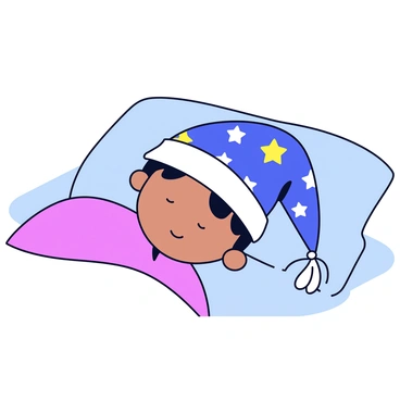 A nightcap with a deep blue color featuring a starry pattern in white and yellow rests atop a person's head. The person is lying on a soft pillow, partially covered by a cozy blanket. The room is dimly lit, creating a gentle atmosphere around the sleeping figure. The nightcap has a soft, floppy tip that hangs slightly to one side.
