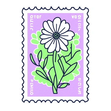 A postage stamp design features "an elegant illustration of a mayflower" in the center. The mayflower is depicted with detailed petals and leaves, showcasing its distinctive shape. Surrounding the flower, there are intricate green vines that add to the overall composition. In the corners of the stamp, small decorative elements include ornamental borders that complement the design. The background is a subtle texture that enhances the visual depth of the stamp while maintaining focus on the mayflower.