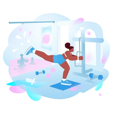 A gym interior features unconventional decor, such as bright neon lighting and abstract wall art. In the center, a fitness enthusiast is performing cable kickbacks using a cable machine. The person is dressed in vibrant workout attire, focusing on the exercise with their body positioned correctly. Various colorful gym equipment pieces are scattered around the area, including weights and yoga mats. The atmosphere reflects an energetic fitness environment, inviting others to join in.