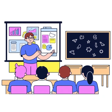 A student stands in front of a classroom, presenting their project. The student is wearing a blue shirt and glasses. They are holding a half-sized illustration board displaying colorful graphs and diagrams. The classroom is equipped with wooden desks and bright educational posters on the walls. A blackboard is visible in the background, filled with notes and doodles. The audience, consisting of classmates, is seated and attentively watching the presentation.