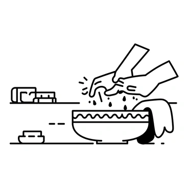 A pair of hands being washed in an old ceramic basin. The hands are partially submerged in water, with water droplets splashing outward. The basin is ornately designed, featuring intricate patterns along its rim. In the background, there are a few vintage soap bars resting on a wooden countertop. A small towel is draped over the edge of the basin, and there is a soft shadow cast by the hands and basin onto the surface beneath them.