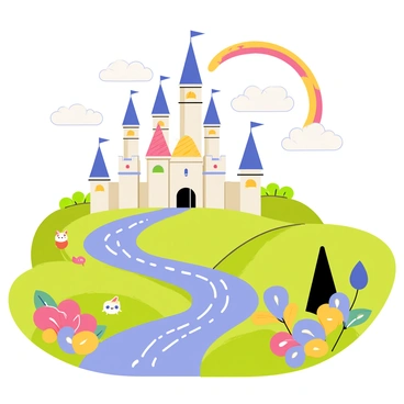 A castle with turrets shaped like "butterfly wings" stands majestically among rolling hills. Each turret is adorned with colorful patterns resembling the intricate designs of butterfly wings. The landscape surrounding the castle features vibrant "flowers" with large petals in various hues, and playful "creatures" frolic amongst the flora. A winding "river" sparkles under the sunlight, reflecting the castle's magnificence. In the sky, fluffy "clouds" drift lazily, and a bright "rainbow" arches over the scene, adding to the enchanting atmosphere.