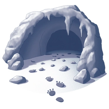 Footprints are visible on the ground, leading into the darkness of a cave entrance. The cave is dimly lit, creating an atmosphere of mystery. Jagged stalactites hang from the ceiling, while various intricately shaped rocks are scattered throughout the cave's entrance area. The texture of the cave walls appears rough, contrasting with the smooth footprints that indicate recent movement. Shadows stretch across the ground, enhancing the sense of depth and intrigue as they lead deeper into the cave.