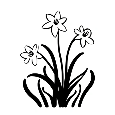 Daffodils arranged in a natural cluster, their trumpet-shaped flowers rising above the green leaves. The scene captures the sunlight filtering through, casting long, intricate shadows on the ground. The overall composition emphasizes the delicate structure of the flowers and the interplay of light and shadow, enhancing the visual impact of the daffodils in their environment.
