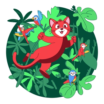 A red cartoon cat is swinging on a green vine in a dense jungle. The cat has exaggerated features with big expressive eyes and a wide smile. Surrounding the cat, there are large green leaves and various exotic plants with vibrant shapes and textures. In the background, colorful birds are perched on branches, and a few small monkeys can be seen playfully interacting with the foliage. The jungle scene is lively and filled with rich greenery.