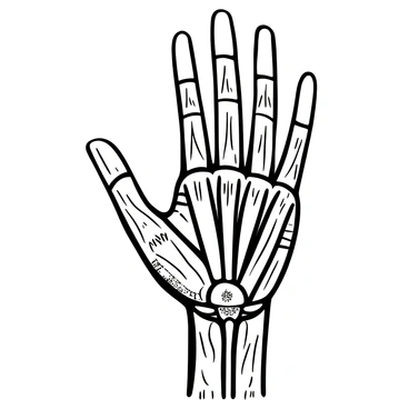 A detailed view of a human hand with muscle layers exposed