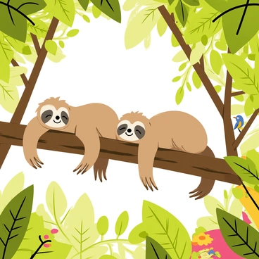 A family of sloths is peacefully sleeping in the lush green canopy of a rainforest. The sloths are hanging from thick, brown branches, their long limbs draped comfortably as they rest. Sunlight filters through the dense leaves above, casting soft patches of light on their furry bodies. Various shades of green surround them, with vibrant leaves and the occasional colorful flower adding splashes of color. In the background, hints of other animals can be seen, such as a small bird perched on a nearby branch, contributing to the tranquil atmosphere of the scene.