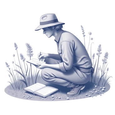 A botanist is positioned in a lush green field surrounded by various plants. The botanist is kneeling down, closely inspecting a flowering plant with delicate petals. In one hand, the botanist holds a notebook, while the other hand is using a pencil to jot down the genus names of the plants. The notebook is open on the ground, displaying handwritten notes. The setting features a diverse array of plants, including tall grasses and scattered wildflowers in the background. The botanist is wearing a wide-brimmed hat to shield from the sun and is dressed in rugged field clothing suitable for outdoor work.