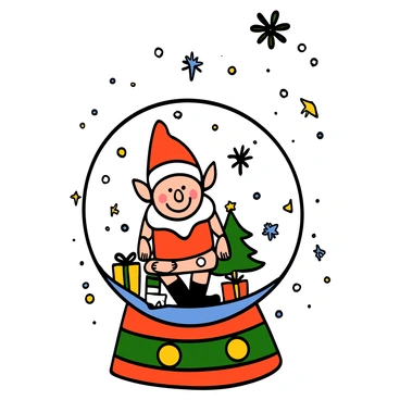 An elf on the shelf with pointy ears and a cheerful expression is sitting inside a snow globe. The elf is wearing a red and white outfit with a matching hat, and has a playful smile on its face. Inside the globe, there are tiny presents and a miniature Christmas tree around the elf. Swirling glittering snowflakes are falling inside the globe, creating a magical atmosphere. The base of the snow globe is decorated with festive patterns, enhancing the holiday spirit.