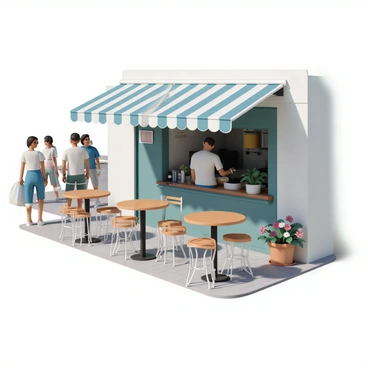 A street-side cafe, featuring several round tables with metal frames and wooden tops. Each table is accompanied by two chairs, providing a welcoming atmosphere. The cafe is shaded by a blue and white striped awning, casting soft shadows on the ground. Potted plants with colorful flowers are placed on the tables, adding a touch of greenery. In the background, there are people strolling by, some glancing toward the cafe, while a barista can be seen behind the counter, preparing drinks. The scene conveys a lively yet cozy vibe.