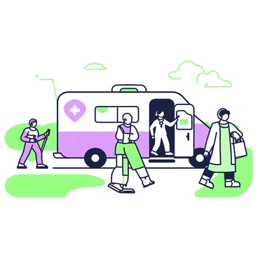 A mobile health clinic is parked on a dirt road in a rural area, surrounded by greenery and fields. The clinic is a large van with distinct markings indicating it provides medical services. A nurse steps out of the clinic, wearing scrubs and a name tag, holding a medical bag. Nearby, a small group of people is waiting, including an elderly man with a cane and a mother with a child. The scene captures a sense of community as the mobile clinic serves those in need, offering a vital service in this remote location.