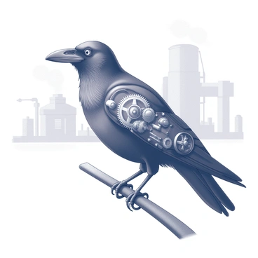 A raven perched on a branch, showcasing intricate mechanical wings. The wings are composed of various gears and metal components, reflecting a steampunk aesthetic. The raven's body features patterns of exposed machinery, with cogs and pistons subtly integrated into its feathers. Its beak is sharp, and its eyes are bright, giving it a watchful appearance. The background includes a softly drawn, industrial landscape with hints of steam and faint outlines of machinery, emphasizing the theme of steampunk innovation.