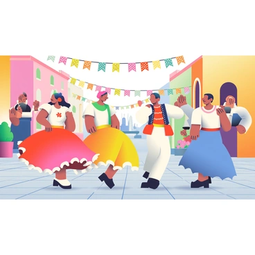 A group of dancers is performing a traditional Hispanic folk dance in a vibrant town square. The dancers are wearing colorful, flowing dresses, with women in red, yellow, and blue skirts, and men in white trousers and bright vests. Their movements are energetic, with some dancers lifting their skirts and others raising their arms in rhythm. Surrounding them are cobblestone streets, lined with quaint buildings in warm pastel colors. Colorful banners and papel picado decorations flutter above, adding to the festive atmosphere. In the background, a few spectators are clapping along to the music, and a small fountain is visible, surrounded by pots of blooming flowers.