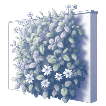 A vertical wall densely covered with a variety of green plants. Different species of leaves create a rich texture, ranging from broad, flat leaves to narrow, elongated ones. Clusters of flowers blossom among the foliage, showcasing various shapes. The flowers exhibit intricate details, adding depth to the composition. The overall scene reflects a lively and organic arrangement of nature against the structured surface of the wall.
