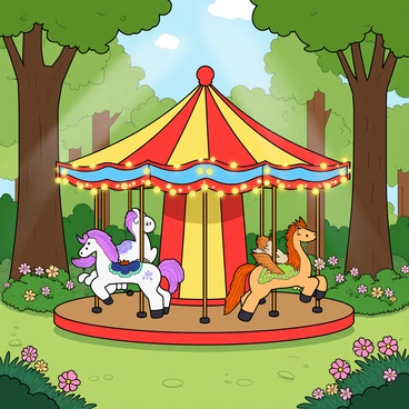 A colorful carousel nestled within a lush forest glade, surrounded by tall green trees and vibrant wildflowers. The carousel features seats shaped like various mystical creatures, including a shimmering unicorn, a majestic dragon, and a playful phoenix, all crafted with bright colors and intricate details. Twinkling lights adorn the edges of the carousel, creating a whimsical atmosphere. Soft rays of sunlight filter through the leaves, casting dappled shadows on the ground, where a carpet of soft moss and fallen leaves can be seen. The scene conveys a sense of enchantment and wonder.