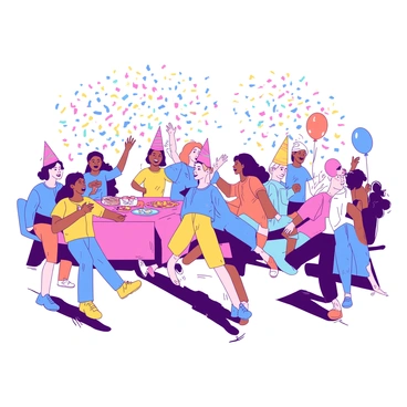 A group of diverse people is gathered in a vibrant outdoor setting, joyfully kicking up "orange" and "blue" confetti into the air. Each person is dressed in colorful party attire, with some sporting festive hats and others holding balloons. The confetti is bursting from their feet, creating a dynamic scene filled with movement and energy. In the background, there are decorated tables with snacks and drinks, and the overall atmosphere is lively and festive.