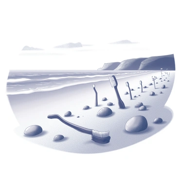 A sandy beach with gentle waves lapping at the shore. Scattered across the beach are numerous toothbrushes of various shapes and sizes, partially buried in the sand. The toothbrushes are interspersed among small piles of smooth stones, creating an unusual and striking scene. In the background, there are distant cliffs rising against the horizon, adding depth to the landscape. The sky above is clear, with a few wispy clouds drifting lazily.