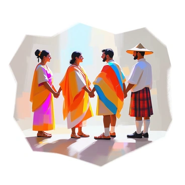A diverse group of people standing in a circle, holding hands, each individual representing a different culture. The circle includes a woman wearing a colorful traditional sari, a man dressed in a kilt, a person in a vibrant poncho, and another wearing a conical hat. Each individual has distinct features and attire that reflect their cultural background. The background features a soft gradient, enhancing the sense of unity among the individuals in the circle. Each person's expression conveys joy and togetherness.
