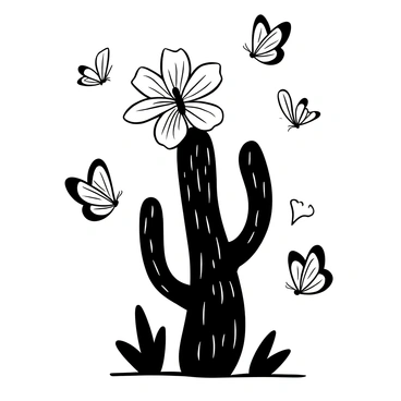 Butterflies with delicate wings are fluttering around a cactus that has a large, intricate flower blooming at the top. The cactus stands tall with its spiky arms reaching outward. The butterflies are in various positions, some hovering near the flower while others are in flight around the cactus. The scene captures the dynamic movement of the butterflies as they interact with the cactus and its flower.