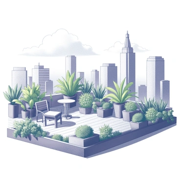 A rooftop garden filled with a variety of green plants and flowers in various shapes and sizes. The garden features a wooden deck with potted plants arranged in an organized manner. In the background, tall city skyscrapers tower over the garden, casting shadows on the rooftop. A few outdoor chairs and a small table are placed among the plants, providing a cozy seating area for relaxation. The skyline is visible with clouds partially covering the tops of the buildings.
