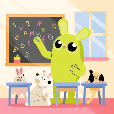 A green grenouille with big, expressive eyes stands in front of a blackboard. The blackboard is filled with colorful drawings and letters. The grenouille is wearing a small, round glasses perched on its nose and a tiny teacher's hat. In the classroom, there are young animals seated at small desks, eagerly listening. There is a fluffy rabbit with long ears, a curious kitten with stripes, and a little puppy with big floppy ears, all paying close attention. Sunlight streams through a window, illuminating the cheerful scene.